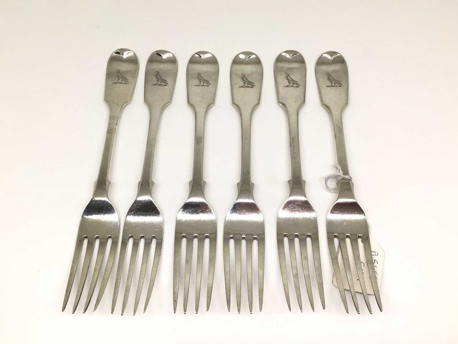 Lot 132 - Set of six Victorian silver fiddle pattern forks with engraved crests, London 1861/2 (George Adams), 11oz