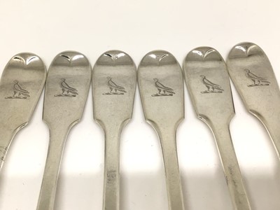 Lot 132 - Set of six Victorian silver fiddle pattern forks with engraved crests, London 1861/2 (George Adams), 11oz