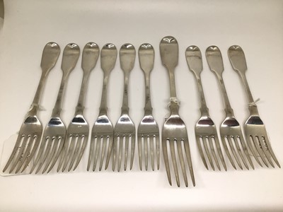 Lot 133 - Ten Victorian silver fiddle pattern forks by George Adams, nine of them measuring 17cm long and the other one 20cm, 16.5oz total weight