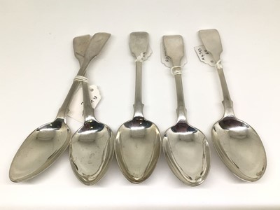 Lot 137 - Five Georgian and early Victorian silver fiddle pattern spoons, each approx 17cm long, all London makers, 6.8oz