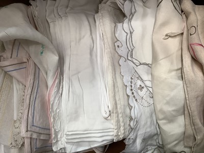 Lot 2076 - Box of lace, crochet and embroidered tablecloths, napkins, a good quantity of cream silk fabric plus some indian silk wraps/shawls.