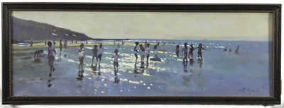 Lot 256 - Peter Z. Phillips, oil on canvas, Children playing at the beach in the sunshine, signed, in Hogarth frame. 60 x 20cm.