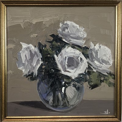 Lot 158 - Vivek Mandalia (contemporary) oil on canvas, "White Roses", signed, in gilt frame. 30 x 30cm.