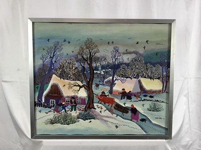 Lot 150 - Maria Fakin, oil on canvas, A winter scene with figures and animals in the snow, signed and dated '77, in metal frame. 45 x 54cm.