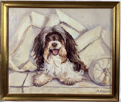 Lot 152 - Maggie Clarysse (1931 - 2011), oil on canvas, A cheerful Lhasa Apso amongst cushions, in gilt frame, signed, also signed and labelled verso. 46 x 55cm.