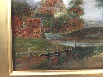 Lot 157 - Charles Morris Snr. (1861-1922), oil on panel, A country scene with a farmhouse by a river, signed, in original gilt frame. 14 x 19cm.