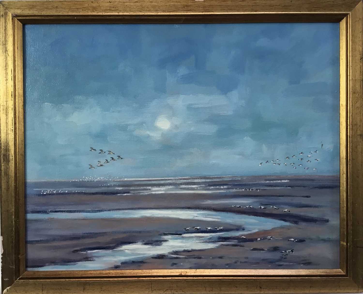 Lot 160 - Stuart Peters, oil on canvas, Flights of waterfowl over the mud flats, signed, also labelled verso, in gilt frame. 35 x 45cm.