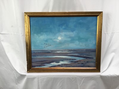 Lot 160 - Stuart Peters, oil on canvas, Flights of waterfowl over the mud flats, signed, also labelled verso, in gilt frame. 35 x 45cm.
