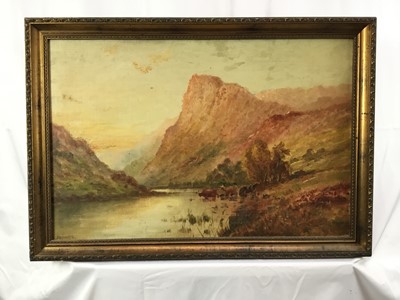 Lot 154 - L. Richards a.k.a Francis E. Jamieson (1895-1950), oil on canvas, A mountainous lakeland scene with highland cattle watering, signed, in gilt frame. 39 x 60cm.