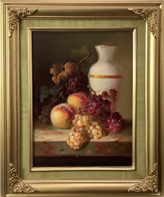 Lot 156 - English School 20th century, oil on canvas, A still life of fruit and a vase, monogrammed, in gilt frame. 39 x 29cm.