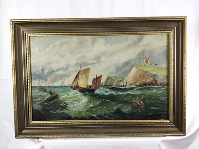 Lot 162 - English School late 19th century, oil on canvas, Fishing vessels leaving Whitby harbour entrance, in gilt frame. 37 x 59cm.
