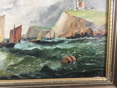 Lot 162 - English School late 19th century, oil on canvas, Fishing vessels leaving Whitby harbour entrance, in gilt frame. 37 x 59cm.