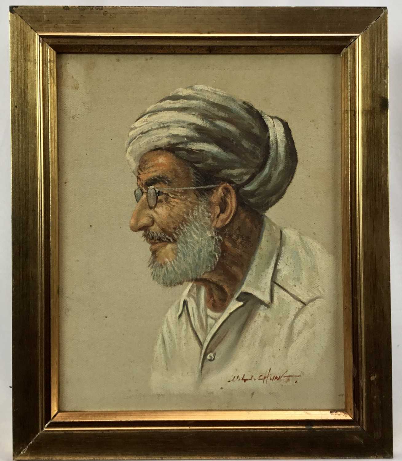Lot 161 - Michael C. Hunt, an early 20th century, oil on canvas, of a bearded gentleman wearing a turban and glasses, signed, in gilt frame. 
25 x 20cm.