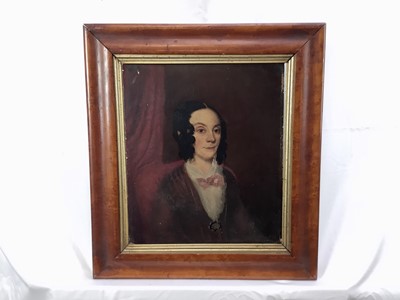 Lot 159 - English School, 19th century, oil on board, A half-length portrait of a lady, in maple frame. 30 x 26cm.