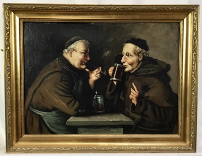 Lot 257 - Italian School late 19th century, pair of oils on board,  monks cooking and drinking, indistinctly signed, in gilt frames. Each 28 x 38cm. (2)