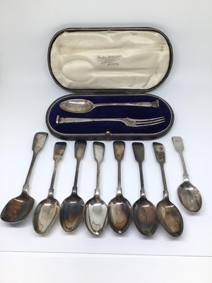 Lot 148 - A cased silver seal-top fork and spoon set with engraved initials, together with a set of six late Victorian fiddle pattern spoons, and two further silver spoons, 11.2oz