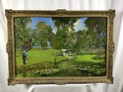 Lot 56 - Norman Coker (1927-2020) oil on board - The Gardener, signed, 58cm x 89cm, in gilt frame