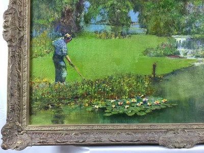 Lot 56 - Norman Coker (1927-2020) oil on board - The Gardener, signed, 58cm x 89cm, in gilt frame