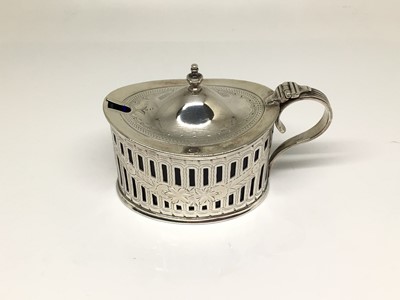 Lot 154 - Victorian oval silver pierced mustard pot with fluted handle and blue glass liner, Chester 1895 (William Aitkin), 9.5cm across including handle, 2.9oz