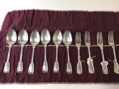 Lot 156 - 19th century silver fiddle, thread and shell pattern cutlery, including six spoons and four forks, 22.5oz