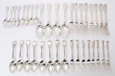 Lot 501 - Composite set of Georgian/Victorian silver fiddle thread pattern flatware, 36 pieces in total