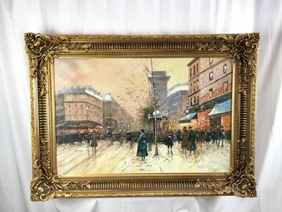 Lot 53 - After Edouard Leon Cortez oil on canvas - A Parisian Street with figures, 60cm x 90cm, in ornate gilt frame