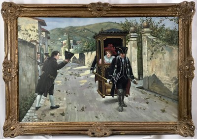 Lot 54 - L K Smedley oil on canvas - A gentleman doffing his hat, 60cm x 90cm in gilt frame