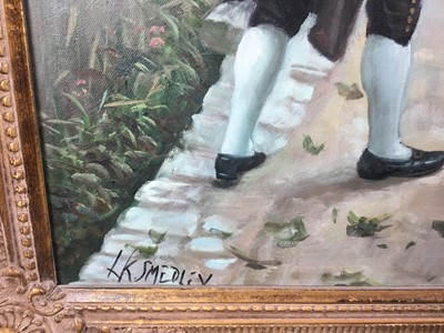 Lot 54 - L K Smedley oil on canvas - A gentleman doffing his hat, 60cm x 90cm in gilt frame