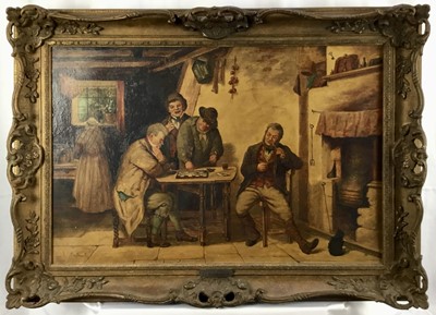 Lot 62 - J.L. Wardleworth oil on canvas - An Inn Interior with figures drinking and gaming, signed, 49cm x 74.5cm, framed