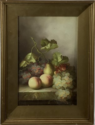 Lot 133 - Continental School 20th century oil on wood board - Still Life with grapes and peaches, 37.5cm x 24.5cm, in glazed gilt frame