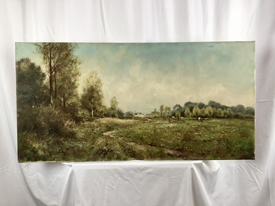 Lot 55 - Continental School oil on canvas - A Lady with Cattle in a landscape, 50cm x 100cm, unframed