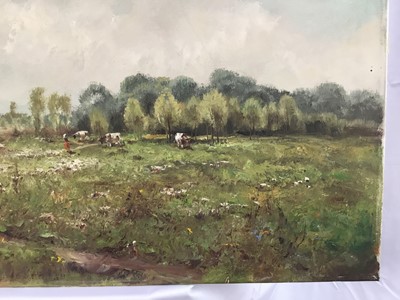 Lot 55 - Continental School oil on canvas - A Lady with Cattle in a landscape, 50cm x 100cm, unframed