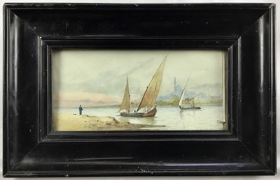 Lot 60 - E Marchellin watercolour - On the Nile, signed, 11cm x 24cm, in ebonised frame