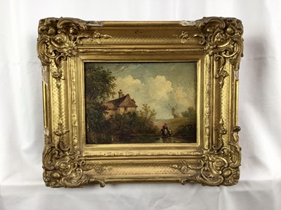 Lot 59 - East Anglian School oil on panel - figure near a cottage with a windmill, 15cm x 20cm, in gilt frame