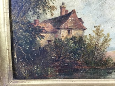 Lot 59 - East Anglian School oil on panel - figure near a cottage with a windmill, 15cm x 20cm, in gilt frame