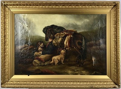 Lot 63 - 19th century oil on canvas - Scottish sporting scene, signed Dixon 1891, 50cm x 75cm in gilt frame