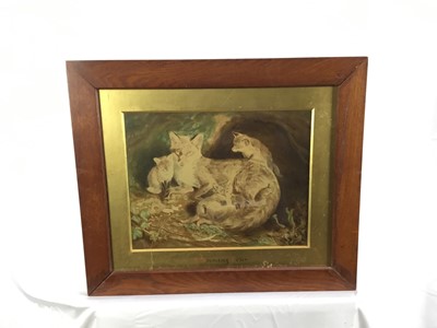Lot 114 - Early 20th century overpainted print ‘A Promising Litter’, fox and cubs, 27cm x 34cm in glazed frame