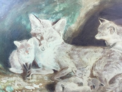Lot 114 - Early 20th century overpainted print ‘A Promising Litter’, fox and cubs, 27cm x 34cm in glazed frame