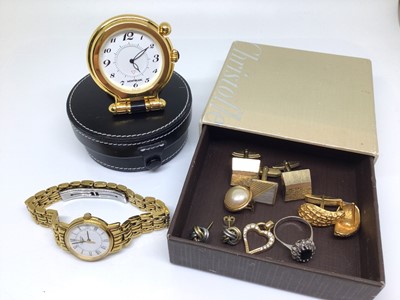 Lot 166 - Longines gold plated stainless steel wristwatch, Mont Blanc travel clock in leather case, gold plated cufflinks and other jewellery