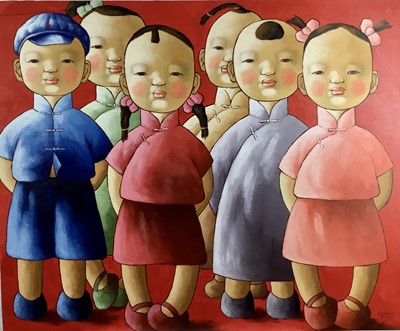 Lot 329 - Li Yaolin (b.1959) oil on canvas - group of children, signed and dated 2006, unframed, 90cm x 111cm