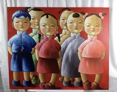 Lot 329 - Li Yaolin (b.1959) oil on canvas - group of children, signed and dated 2006, unframed, 90cm x 111cm