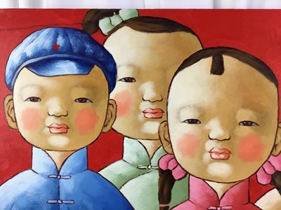 Lot 329 - Li Yaolin (b.1959) oil on canvas - group of children, signed and dated 2006, unframed, 90cm x 111cm