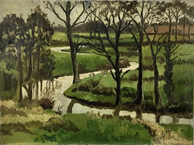Lot 285 - Sylvia J. Mackinnnon, mid 20th century, oil on canvas - Suffolk Landscape, unframed