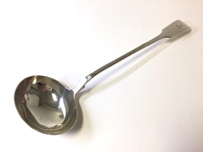 Lot 167 - Victorian silver fiddle pattern soup ladle, engraved crest, London 1839 (Mary Chawner), 34cm long, 8.1oz