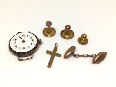 Lot 185 - One 18ct gold stud, two 9ct gold studs, one 9ct gold cufflink, 9ct gold cross pendant and 9ct gold cased watch