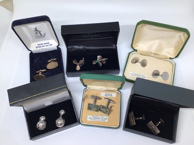 Lot 187 - Six pairs of silver cufflinks including port and starboard boat propellers, Union Jacks, footballs, moss agate and two oval panel pairs