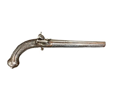 Lot 864 - Good quality 19th century Ottoman miquelet lock holster pistol with silver wire inlay and silver trigger guard