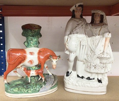 Lot 460 - Large Victorian Staffordshire pottery cow and calf spill vase, and another large Staffordshire group (2)