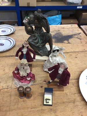 Lot 19 - Sundry items, including a bronze ring in the form of a key, probably Roman, a group of handmade dolls in the form of Dickens characters, an Italian bronzed sculpture and a pair of copper casters