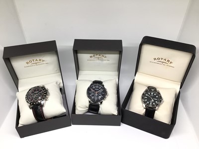 Lot 1040 - Two Rotary Chronograph wristwatches on black leather straps, both boxed, and a Citizen Promaster diver's watch, in a Rotary box (3)